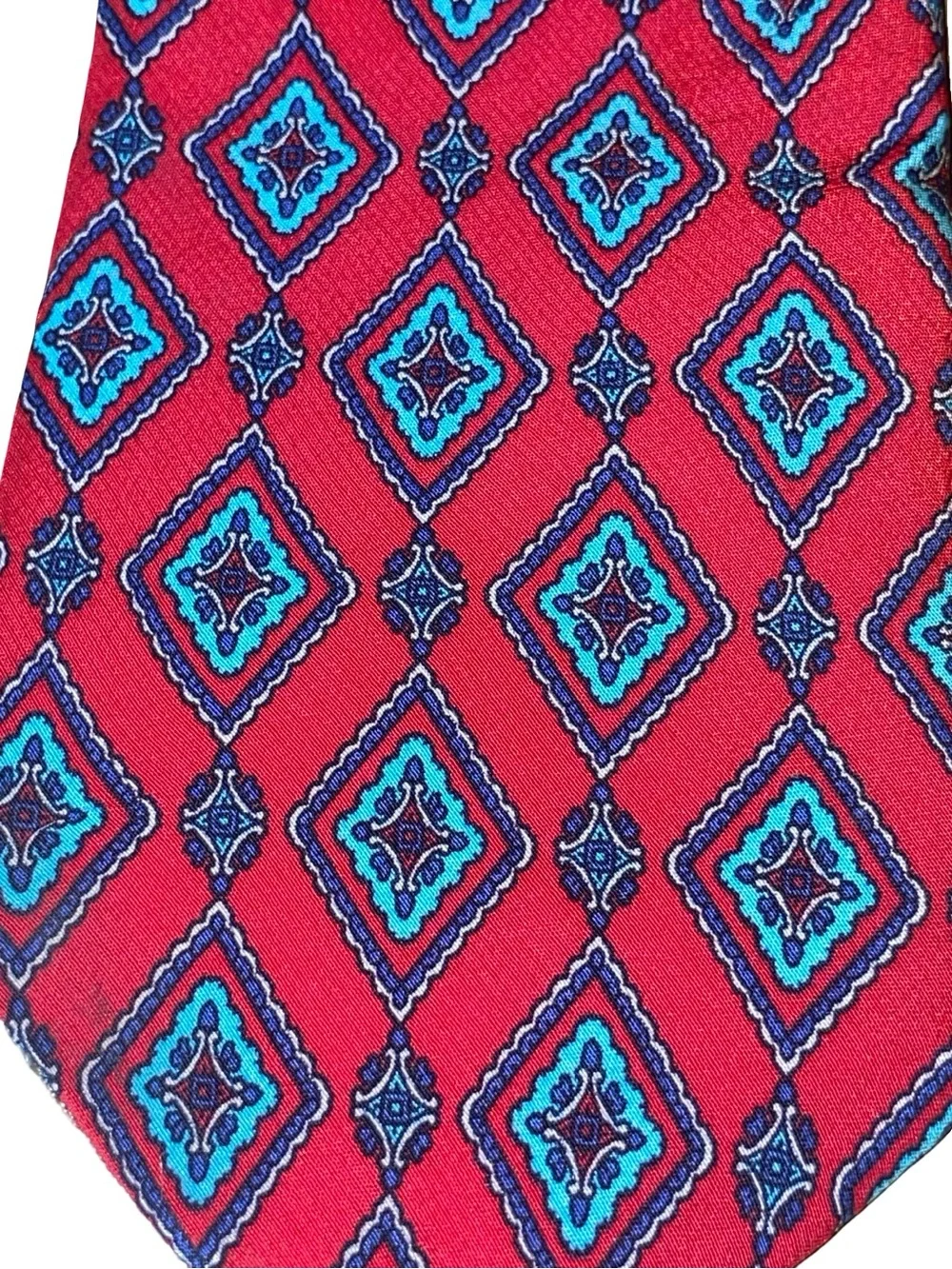 Christian Dior Monsieur 100% Silk Geometric Medallion Necktie - Red & Turquoise